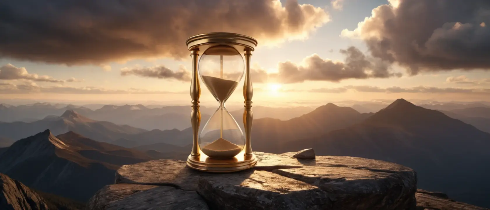 Reloj de arena al amanecer sobre una montaña, simbolizando el paso del tiempo y nuevos comienzos.