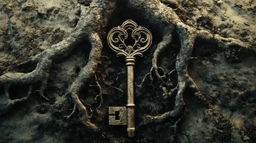 Llave antigua entrelazada con raíces, símbolo del inconsciente y el tarot evolutivo