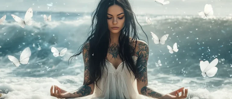 Mujer meditando junto al mar con mariposas blancas – tarot evolutivo