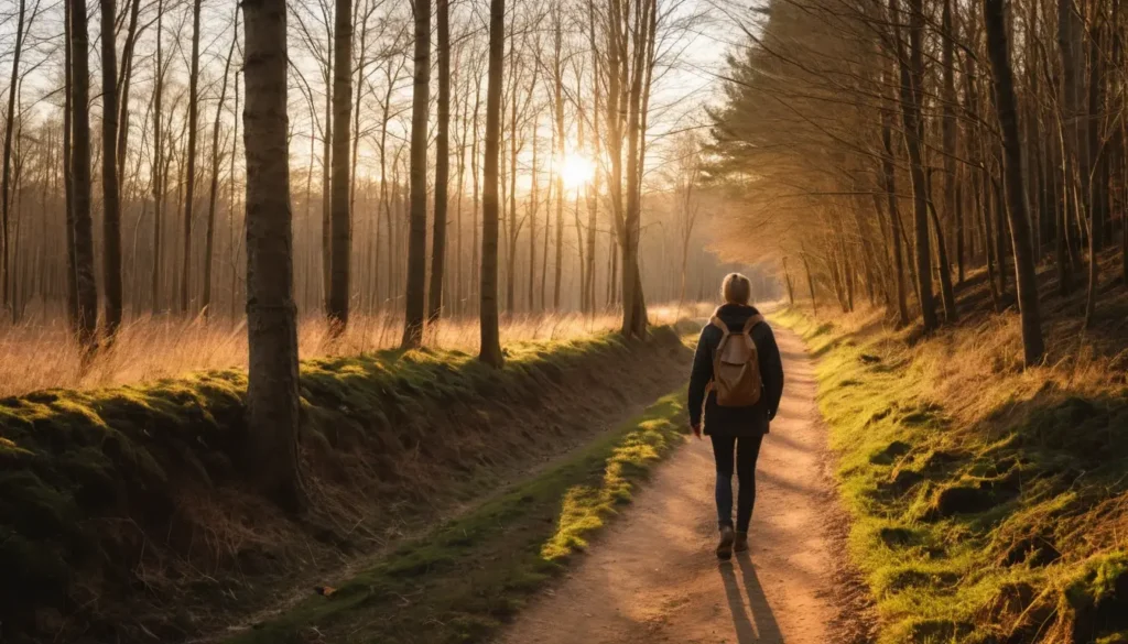 Persona caminando por un sendero iluminado en el bosque, camino de autoconocimiento y tarot evolutivo