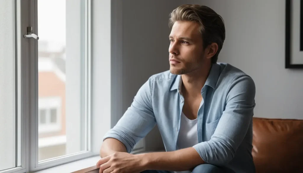 Hombre pensativo junto a una ventana, reflexión interior con el tarot evolutivo