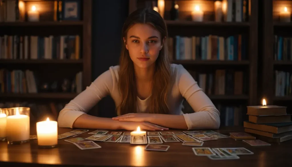 Lectura de la tirada del año de tarot con cartas sobre la mesa